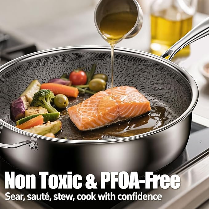 KURRUNGIE 5 Qt Sauté Pan with Lid, 10-inch 5 Ply Stainless Steel Sauce Pan with Lid, Non Stick Frying Pans, Cooking Pot Deep Frying Pan Non-Toxic, For Induction, Oven, Dishwasher Safe