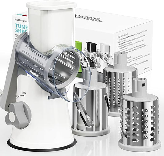 Rotary Cheese Grater Hand Crank, 3 Blades Slicer Shredder, Cheese Grater for Kitchen, Multi-Functional Kitchen Tool for Vegetables, Nuts, Chocolate, with Strong Suction Base, White