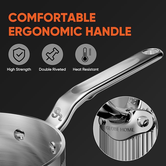 GLOBEHOME 5-Ply Stainless Steel Sauce Pan with Lid - 2 Quart SaucePan Durable and Even Heating, Professional Cookware for Induction, All Stoves, Oven and Dishwasher Safe