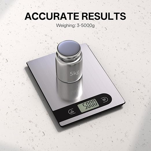 5kg/11lb Food Scale， Digital Kitchen Scale Weight Grams and Ounces for Baking Cooking Coffee Package Postage， Auto-Off Setting， LCD Display， Stainless Steel and Tempered Glass