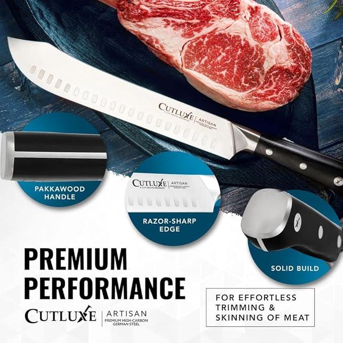 Cutluxe Butcher Knife – 10″ Bullnose Carving Knife, Forged High Carbon German Steel – Full Tang & Razor Sharp – Ergonomic Handle Design, Grilling Gifts for Men – Artisan Series
