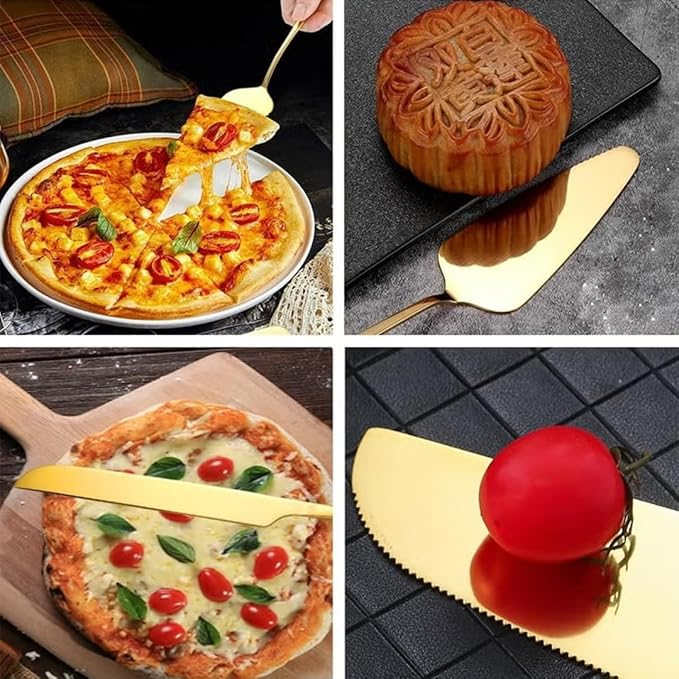 PAXNOK Pie Server and Cake Server Stainless Steel Set - Serrated Spatula with Elegant Ergonomic Handles for Cutting and Serving Desserts, Brownies, Lasagna (Gold)