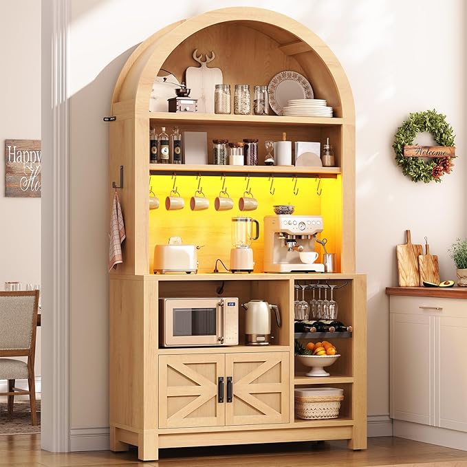 Itaar 73" Tall Arched Bakers Rack with Power Outlet and LED Light, Farmhouse Coffee Bar Cabinet, Kitchen Microwave Stand with Storage for Kitchen, Dining Room, Living Room, Natrual
