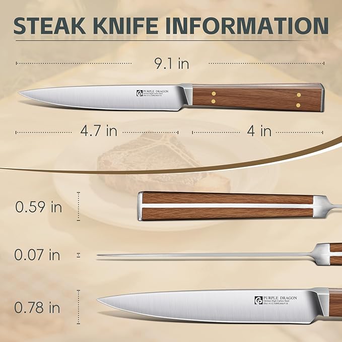 Purple Dragon Steak Knives Set of 4 - Smooth Edge Non-Serrated Blade with Square Wooden Handle – Elegant, Balanced, High Carbon German Steel - Christmas Gift for Men and Women