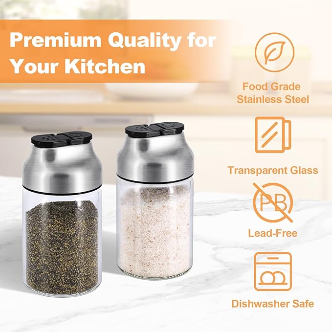 Aelga Salt and Pepper Shakers Set - 5 OZ Glass Salt Shaker with Adjustable Pour Holes - Sugar Dispenser with Stainless Steel Lid - Elegant Kitchen Table Accessories