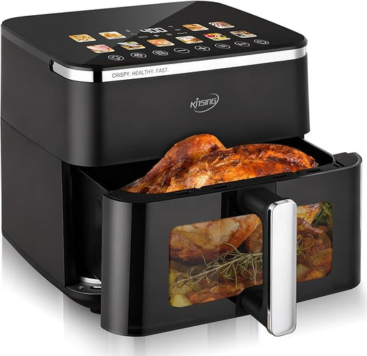 KINSING 10.6 QT Oilless XL Large Air Fryer, 9 Presets & Keep Warm, Stainless Steel Inner Cavity, 400℉ Precise Temp Control, Shake Reminder, Square Non-Stick&Dishwasher Safe Basket,With Visible Window