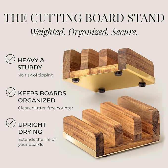 STYLED SETTINGS Cutting Board Organizer – Acacia Wood Stand with Gold Stainless Steel Base, Kitchen Holder Rack for Cabinet or Countertop Storage - Holds Three Boards for Easy Storage
