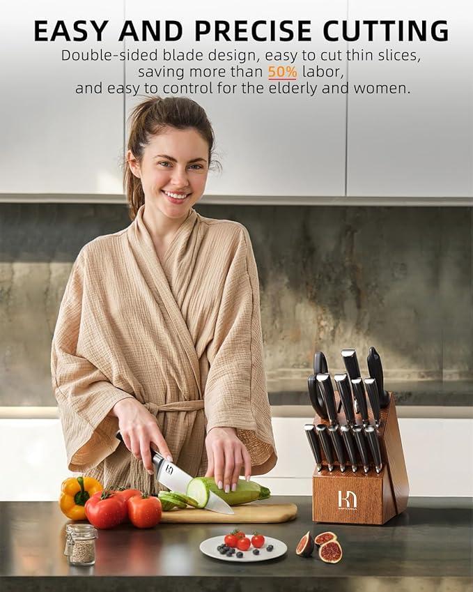 Knife Set, 15 Pcs Kitchen Knife Block Set, Enduring Razor-Sharp Japanese High Carbon Stainless Steel Chef Knife Set with Block and Sharpener, Premium Knives Set for Kitchen, Brown Ash Wood