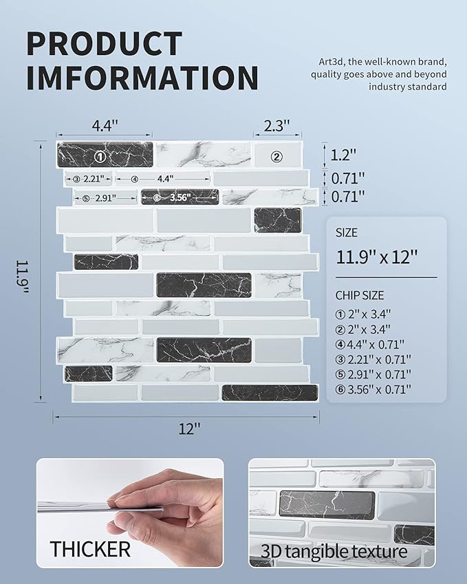 Art3d Thick Peel-and-Stick Kitchen Backsplash Tile, 10-Sheet Marble Design Self Adhesive Wall Tiles for Kitchen Bathroom Back Splash - Grey