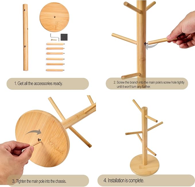 Bamboo Mug Tree for Counter, 6 Hooks Detachable Coffee Mug Holder, Decorative Mug Racks for Coffee Bar