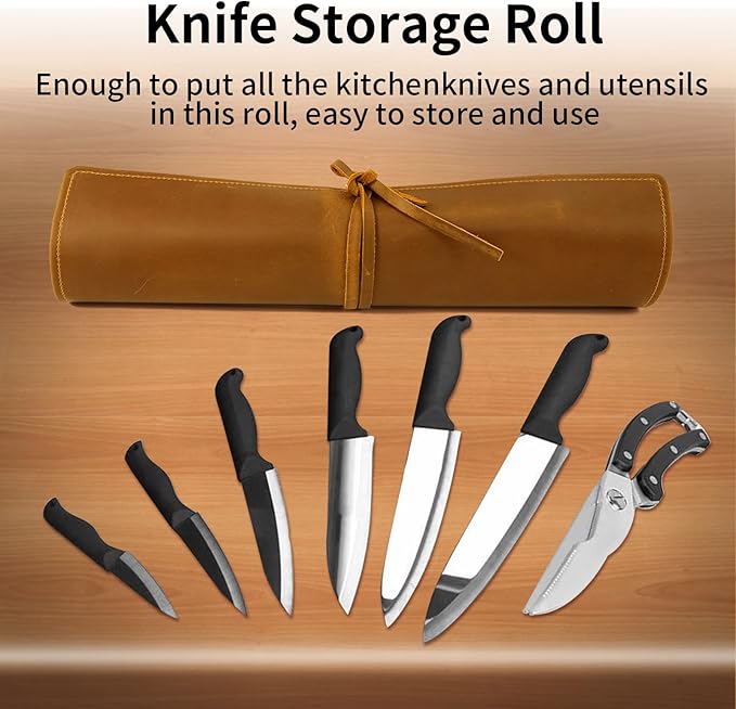 Baizoy Genuine Leather Knife Roll, Knife Bags for Chefs Professional, Small Chef'S Knife Case Holder, Knives Holders Protectors with 7 Slots, Portable Chef Knife Roll Chef Knife Bag