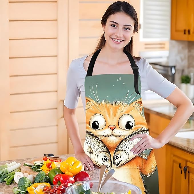 Funny Cat Apron with 2 Pockets Waterproof for Men Women Kitchen Garden Decor