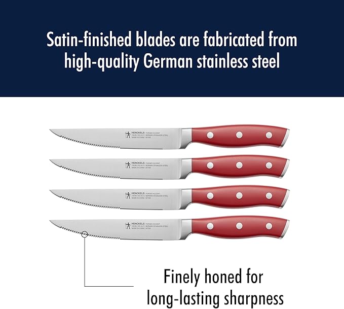 HENCKELS Forged Accent Razor-Sharp Steak Knife Set of 4, Red, German Engineered Knife Informed by over 100 Years of Mastery