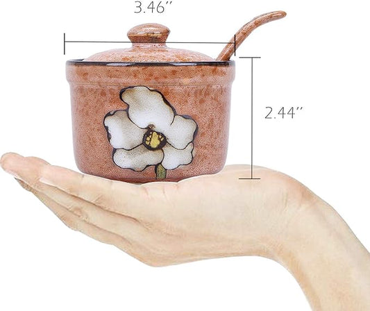 VanEnjoy Traditional China Retro Hand Painted Flower Ceramic Round Sugar Spice Containers Porcelain Jar with Spoon Round Condiment