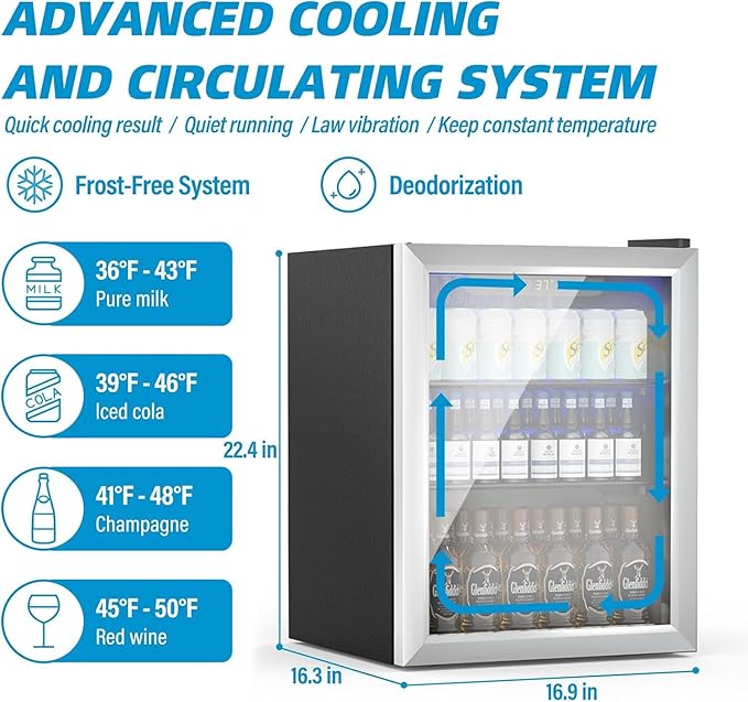 Compact Beverage Refrigerator,76 Can/1.7 Cubic Feet Fridge with Glass Front Door for Soda, Beer or Wine, Under Counter Small Refrigerator with Adjustable Shelve & Digital Display