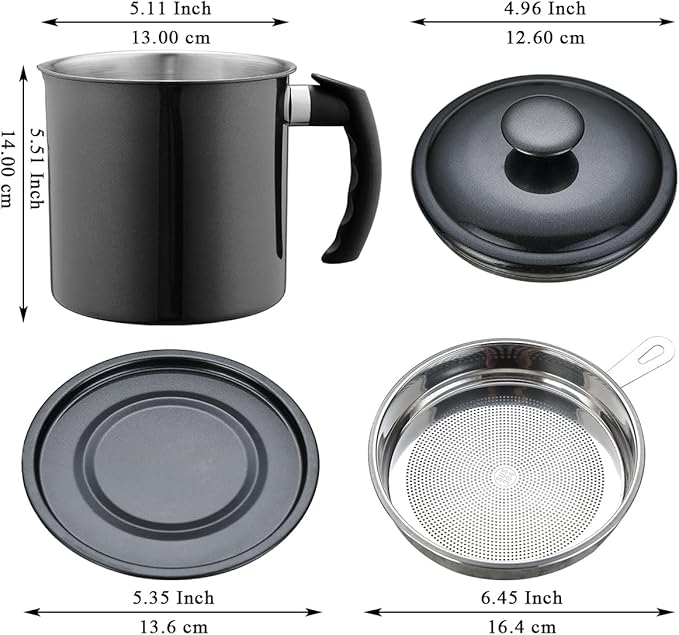 Berglander Black Bacon Grease Container With Strainer 47oz/1.4L, Stainless Steel Oil Storage Container with Fine Mesh Strainer Dust-proof for Storing Frying Oil and Cooking Fat, Cooker Accessories