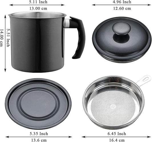 Berglander Black Bacon Grease Container With Strainer 47oz/1.4L, Stainless Steel Oil Storage Container with Fine Mesh Strainer Dust-proof for Storing Frying Oil and Cooking Fat, Cooker Accessories