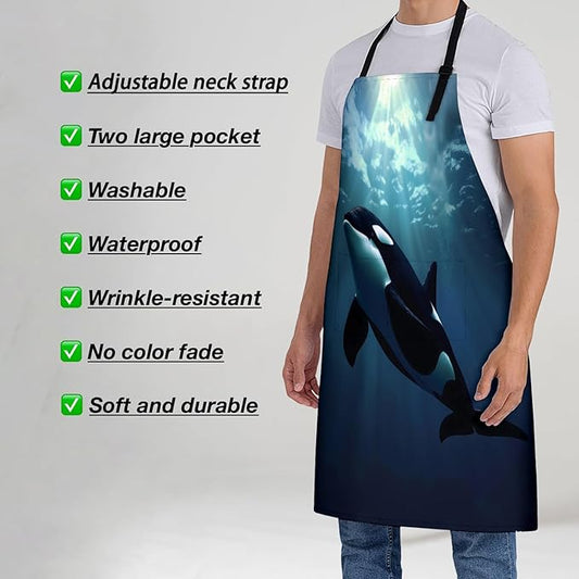 Ocean Orca Apron for Women, 28x33in, Kitchen Chef Aprons with 2 Pockets, Polyester, Sea Animal Apron for Cooking BBQ Baking Gardening Chef, Gifts for Mom Wife Dad