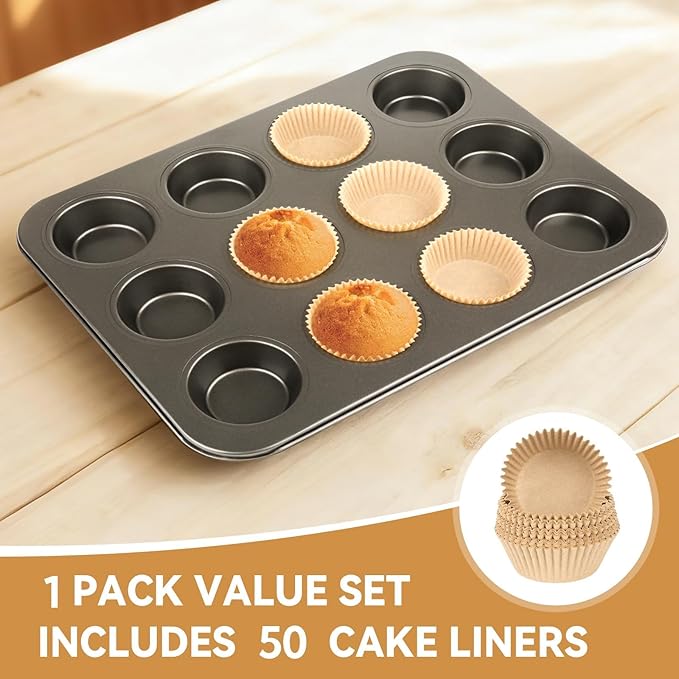 Artcochan 1 Pack Muffin Pan Set,12 Cup Nonstick Carbon Steel Cupcake Pan with 50 Liners,Standard Muffin Tin for Cupcakes and Baking Supplies