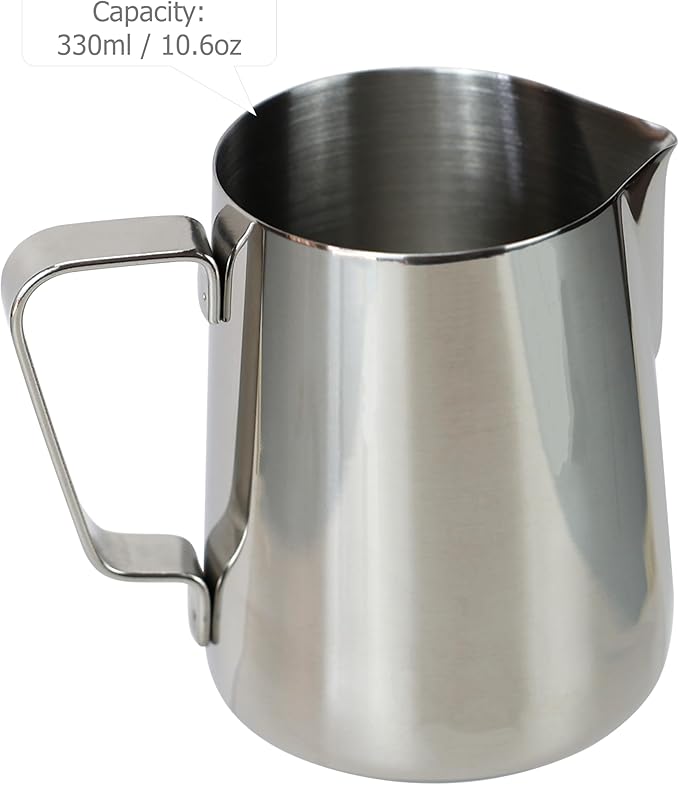EIKS Stainless Steel Measuring Cup Steaming Pitcher Milk Frothing Jug with Handle, Pour Spout and ML/Ounce Scale (350ml)