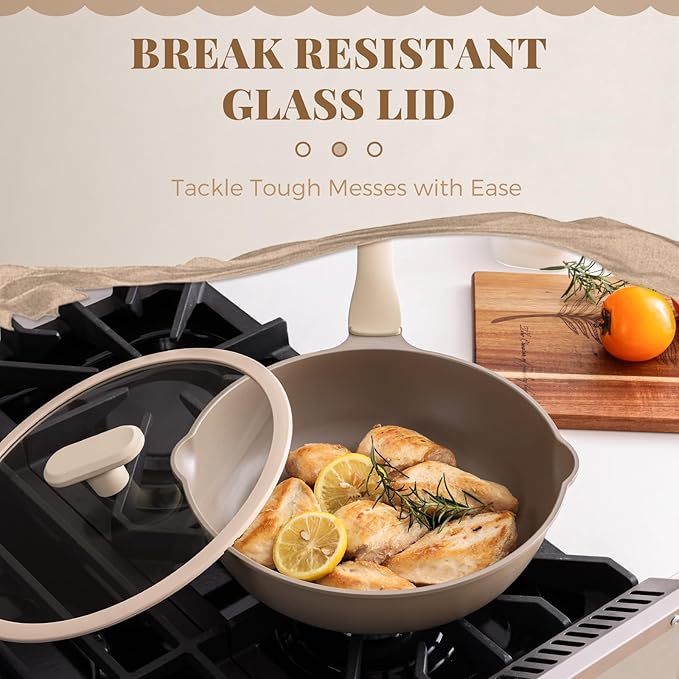 PRICUSIS Nonstick Deep Frying Pan with Glass Lid, 10 Inch (3.2 qt), 5X Durable Nonstick Sauté Pan, Scratch & Stain Resistant, PFOA Free, Induction Compatible, Dishwasher & Oven Safe, Natural Linen
