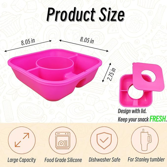 Snack Bowl for Stanley Cup 40 oz Tumbler, Reusable Snack Tray with Lid, Snacks Ring, Silicone Food Holder for Stanley Cup Accessories (Hot Pink)