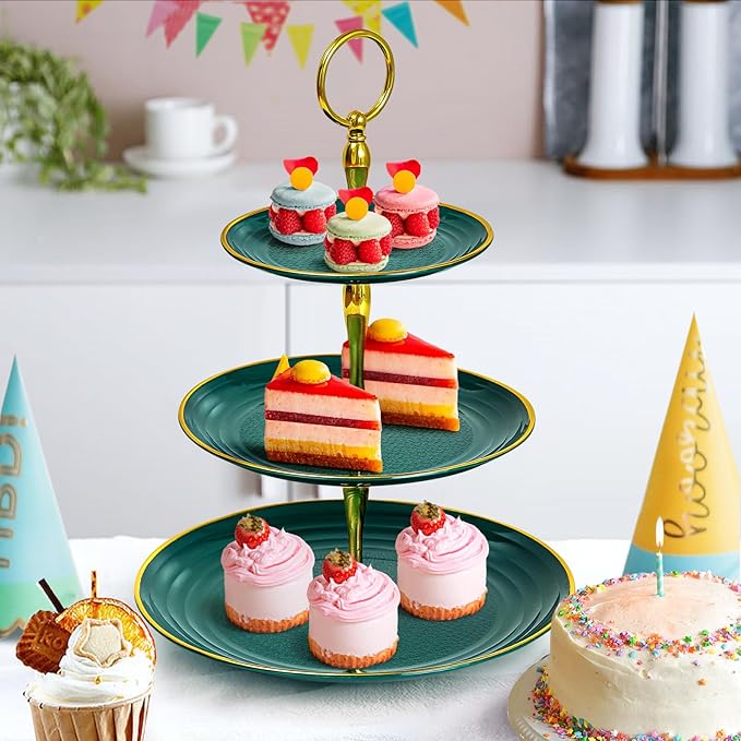 Soleebee 3-Tier Cupcake Stand, Round Plastic Tiered Serving Tray, Cup Cake Tower for Birthday Wedding Party Decoration, Cupcake Tier Stand Fruits Desserts Display (Green Gold)