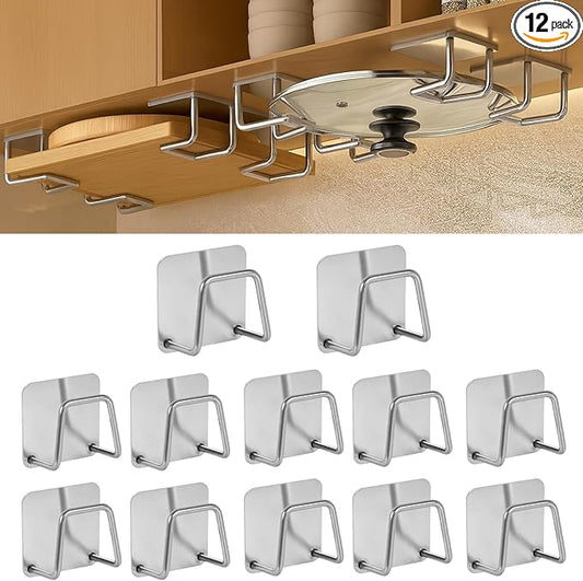 Under Cabinet Cutting Board Holder – 12 Pack Pot Lid & Chopping Board Organizer Rack, Stainless Steel Adhesive Storage for Kitchen Cabinets & Counter, No Drilling Required (Silver)