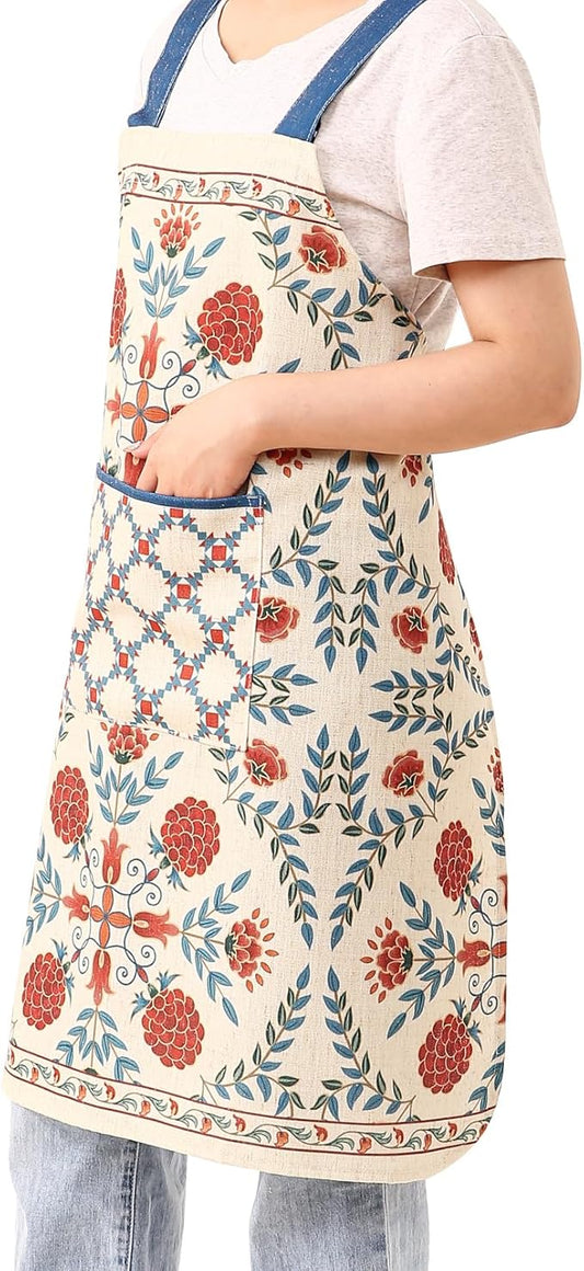 patdrea Blue Floral Linen Apron with Pocket,French Kitchen Garden Chef BBQ Aprons for Women and Men,Crisscross Back Straps
