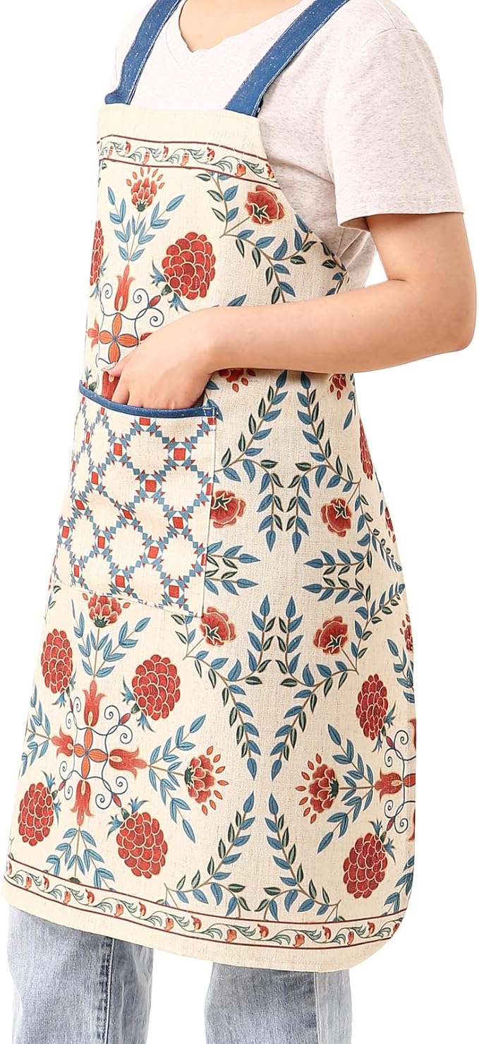 patdrea Blue Floral Linen Apron with Pocket,French Kitchen Garden Chef BBQ Aprons for Women and Men,Crisscross Back Straps
