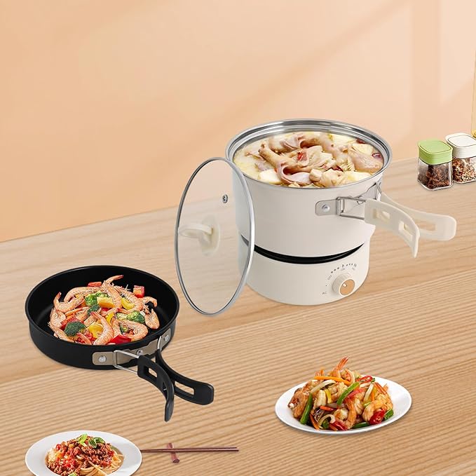 Portable Electric Hot Pot with Foldable Handles, Non-stick Frying Pan, Mini Hot Pot, Multi-Functional Ramen Noodle Cooker for Pasta, Oatmeal, Soup, Steak with Power Adjustment, Steaks and Vegetables