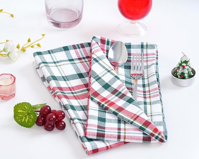 Blue Needles Gingham Buffalo Plaid Cloth Napkins 100% Cotton Set of 12 Dinner Table Christmas Napkins 18x18 inch Soft Reusable Washable Perfect for Event Parties & Everyday Use - Christmas Multi White