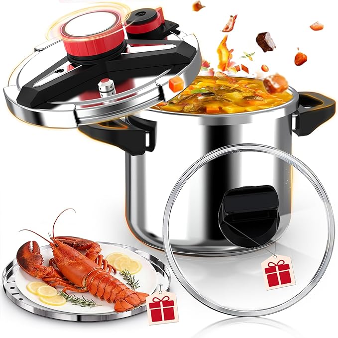 18/8 Stainless Steel Pressure Cooker 10 Quart, [One-Hand Locking] Pressure Cooker, [3-In-1] Olla de Presion, Induction Compatible, Gas Stovetop Compatible,Steamer Rack & Includes Glass Lid