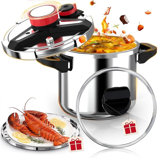 18/8 Stainless Steel Pressure Cooker 10 Quart, [One-Hand Locking] Pressure Cooker, [3-In-1] Olla de Presion, Induction Compatible, Gas Stovetop Compatible,Steamer Rack & Includes Glass Lid