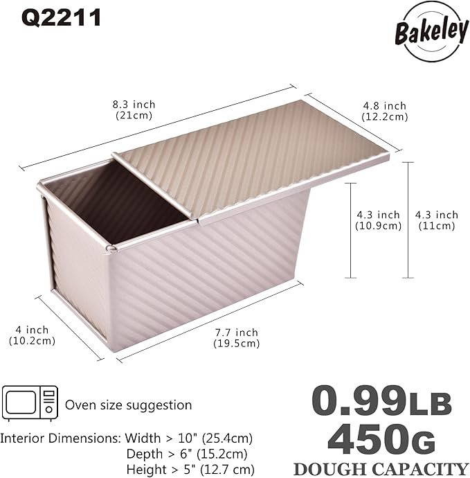 Pullman Loaf Pan with Lid, 1Lb Non-Stick Rectangle Corrugated Toast Box for Oven Baking, Dough Capacity 8.3" x 4.8" x 4.3"(Champagne Gold)