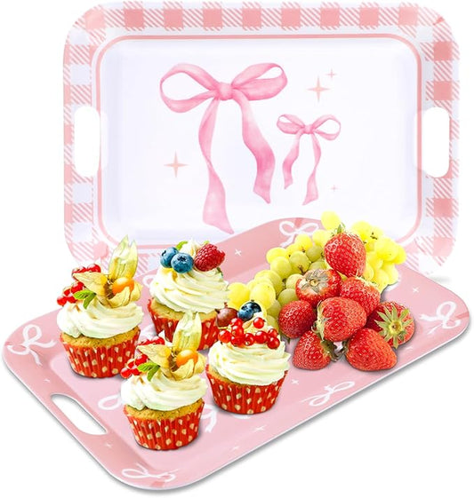 gisgfim 2Pcs Valentine's Day Serving Trays Pink Bow Coquette Party Decorations Large Melamine Serving Platters with Handles for Girls Bachelorette Bow Party Decor Wedding Dessert Birthday Supplies