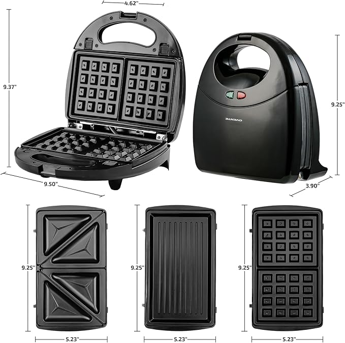 OVENTE Electric Sandwich, Panini and Waffle Maker Set with 3 Removable Non-Stick Plates, 750 Watts, Perfect for Grilled Cheese, Tuna Melts, Burgers, Steaks and Snacks, Black GPI202B