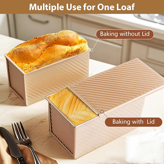 Amagabeli Pullman Loaf Pan with Lid Nonstick Bakeware 9”x4” Carbon Steel Corrugated Bread Toast Box Mold for Cooking Oven Baking Roasting Toaster Bake Mold Homemade Cakes Baking Golden