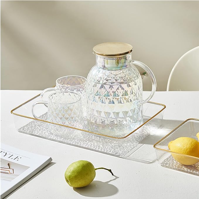 4 Pack Clear Serving Trays, Deep Serving Platters Rectangle 12'' x 8'', Decorative Tray with Gold Rim, Reusable Plastic Tray Organizer for Coffee Table Pantry Party Food Display Spill Proof
