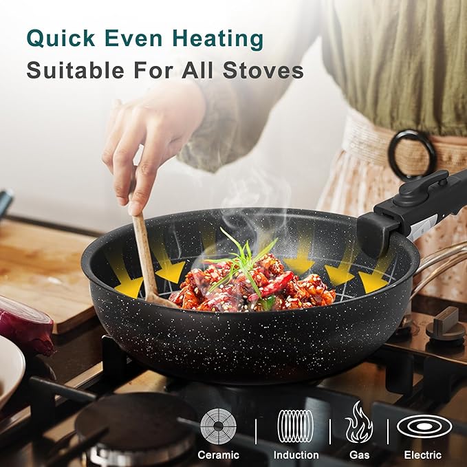NEWBULIG 12-Piece Nonstick Kitchen Cookware Set, Pots and Pans with Detachable Handle, Induction Compatible, Dishwasher & Oven Safe, Space-Saving, Black