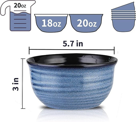 MEKY Soup Bowl, 20 OZ Porcelain Cereal Bowls Set of 6 Perfect for Pasta, Snack, Oatmeal, Rice, Salad,and Ice Cream, Stackable & Durable Bowls for Kitchen, Microwave & Dishwasher Safe, Blue