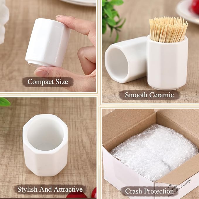 Mimorou 4 Pcs White Ceramic Toothpick Holder Simple Ceramic Toothpick Dispenser Container for Home Charcuterie, Easy to Clean(Octagon)