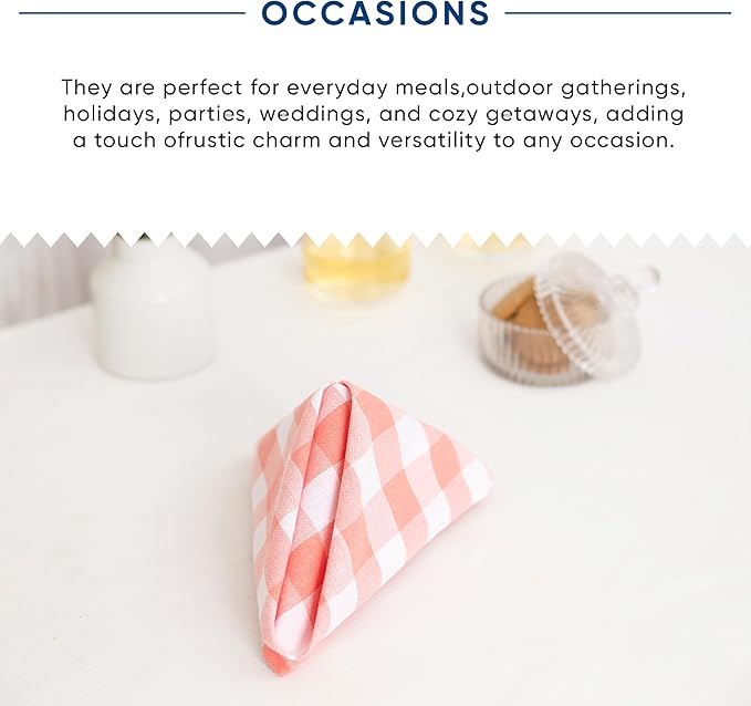 Blue Needles Gingham Buffalo Plaid Cloth Napkins 100% Cotton Set of 12 Dinner Table Napkins 18x18 inch Soft, Reusable, Washable Perfect for Wedding Parties & Everyday Use - Salmon & White