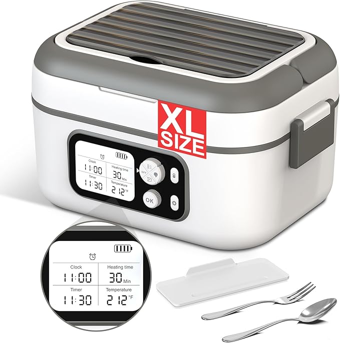Cordless Electric Heated Lunch Box, 1.5L 6.3Cups 24000mAh Rechargeable Battery Self-Heating Lunch Box, Smart Timer, Even Heating, 100W Portable Food Warmer for Office, Picnic, Car, Outdoor