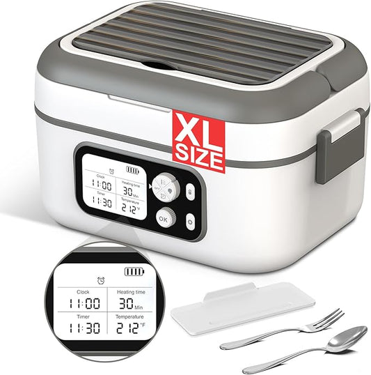 Cordless Electric Heated Lunch Box, 1.5L 6.3Cups 24000mAh Rechargeable Battery Self-Heating Lunch Box, Smart Timer, Even Heating, 100W Portable Food Warmer for Office, Picnic, Car, Outdoor