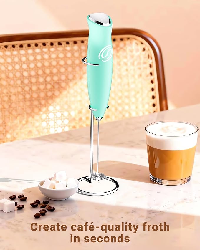 HeyLotie Milk Frother With Stand Handheld Frother Wand Drink Mixer Handheld Coffee Stirrers Electric Frother for Coffee Mixer Wand with 2 Whisk frother for protein powder-Aqua