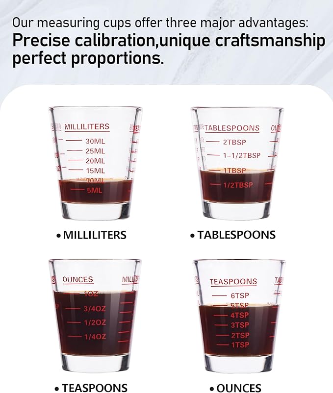 Shot Glasses Measuring Cup Set 4PACK Espresso Shot Glasses Liquid Heavy Glass 26-Incremental Measurement 1 OZ, 2 TBS, 6 TSP, 30 ML Kitchen Tools (RED&Black)