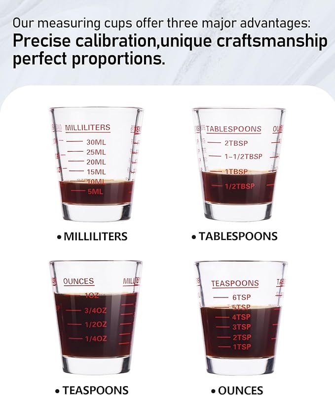 Shot Glasses Measuring Cup Set 4PACK Espresso Shot Glasses Liquid Heavy Glass 26-Incremental Measurement 1 OZ, 2 TBS, 6 TSP, 30 ML Kitchen Tools (Red)