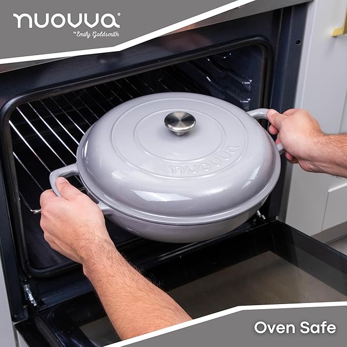 Cast Iron Dutch Oven with Lid – Non Stick Shallow Dutch Oven Pot, Oven Safe up to 500° F – Sturdy Cooking Pot – Enamelled Stockpot Cookware – Gray, 3.7-Quart, 30cm – by Nuovva