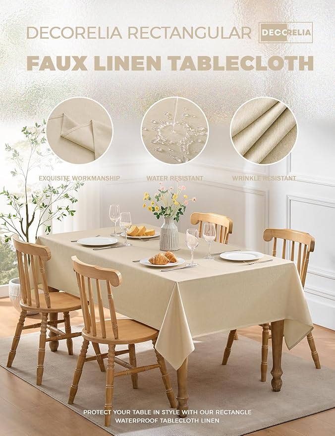 Faux Linen Small Rectangle Tablecloth for Kitchen Dining Room,Outdoor Coffee Wrinkle Resistant Washable Table Cloth Covers for Wedding, Picnics, Party(Oblong,52 x 70 Inch (4-6 Seats), Beige)